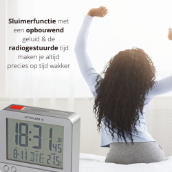ATRIUM wekker - Radiogestuurd - Digitaal - Zilver - Licht - Snooze - Opbouwende pieptoon Alarm
