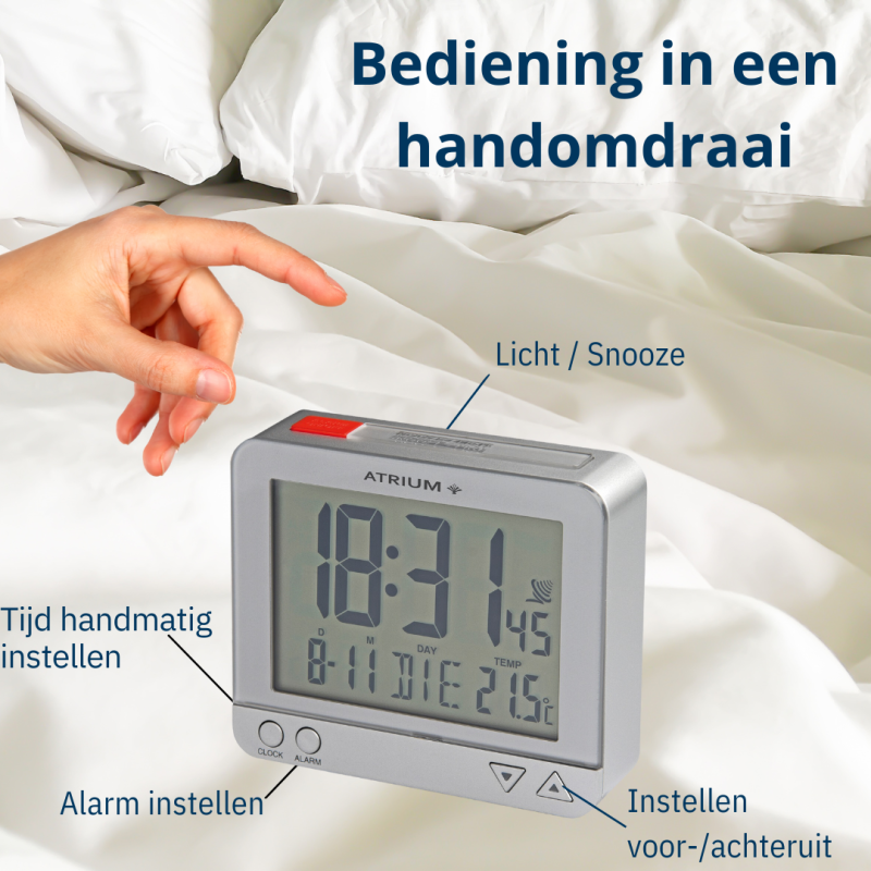 ATRIUM Alarm Clock - Radio-controlled - Digital - Silver- Light - Snooze - Build-up Beep tone
