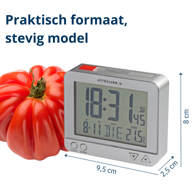 ATRIUM Alarm Clock - Radio-controlled - Digital - Silver- Light - Snooze - Build-up Beep tone