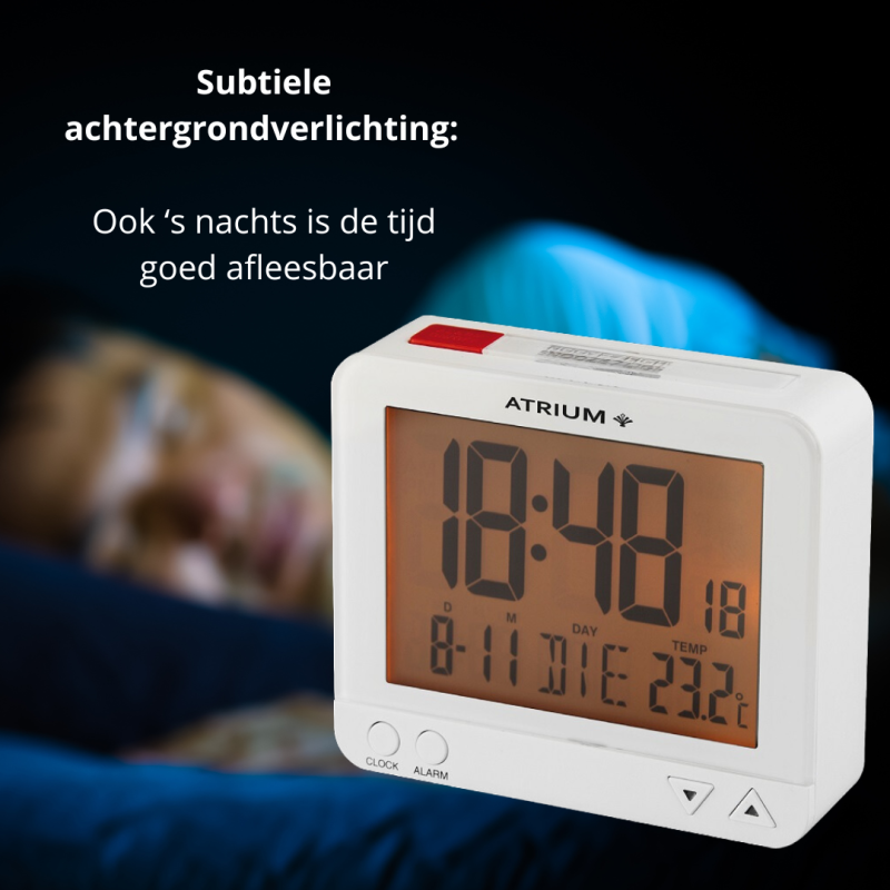 ATRIUM wekker - Radiogestuurd - Digitaal - Wit - Licht - Snooze - Opbouwende Pieptoon Alarm