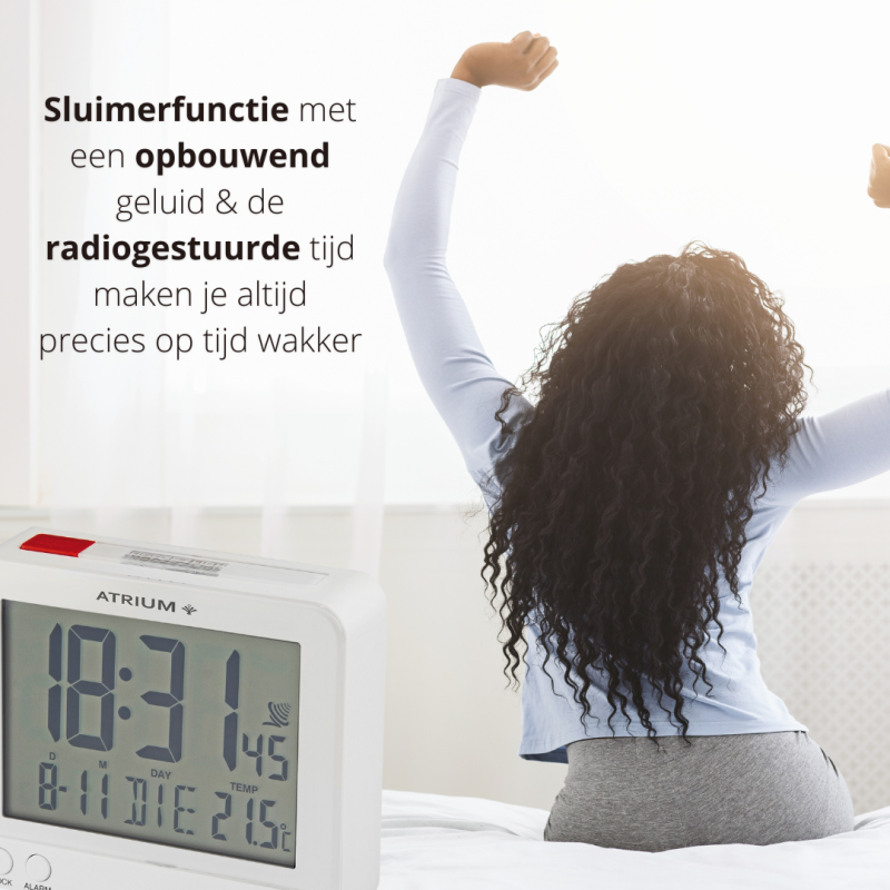 ATRIUM wekker - Radiogestuurd - Digitaal - Wit - Licht - Snooze - Opbouwende Pieptoon Alarm