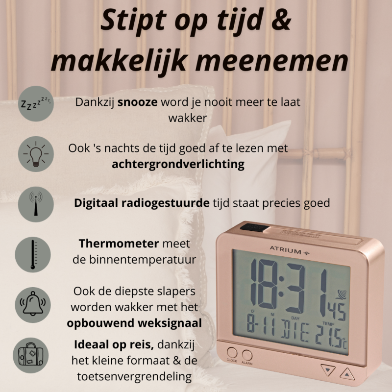 ATRIUM wekker - Radiogestuurd - Digitaal - Rosé