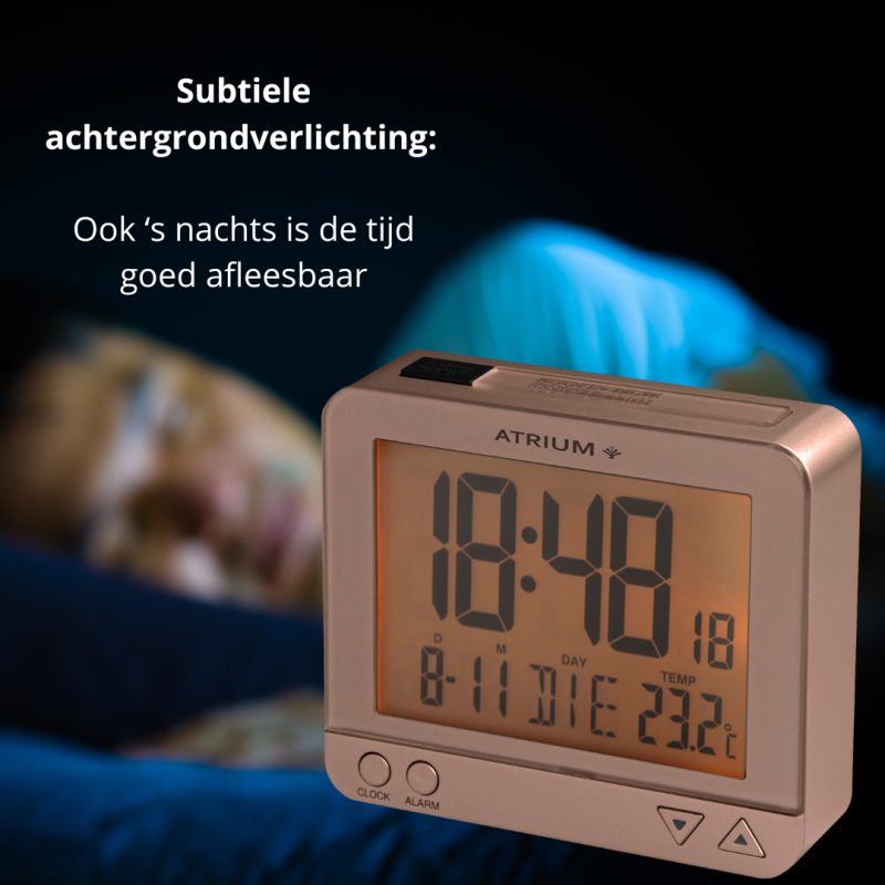 ATRIUM Alarm Clock - Radio-controlled - Digital - Rose / Bronze - Light - Snooze - Build-up Beep Tone