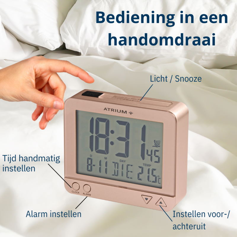 ATRIUM Wekker - Radiogestuurd - Digitaal - Rosé / Brons - Licht - Snooze - Opbouwende Pieptoon Alarm