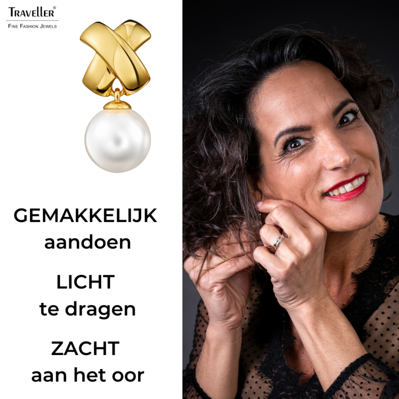 Traveller Clip Oorbellen - Hangers - Parels - 14mm - Wit - Kruis - 22ct Verguld - 32x16mm - 110506