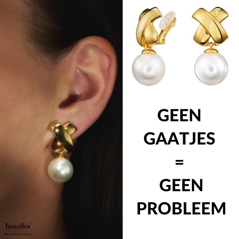 Traveller Clip Oorbellen - Hangers - Parels - 14mm - Wit - Kruis - 22ct Verguld - 32x16mm - 110506