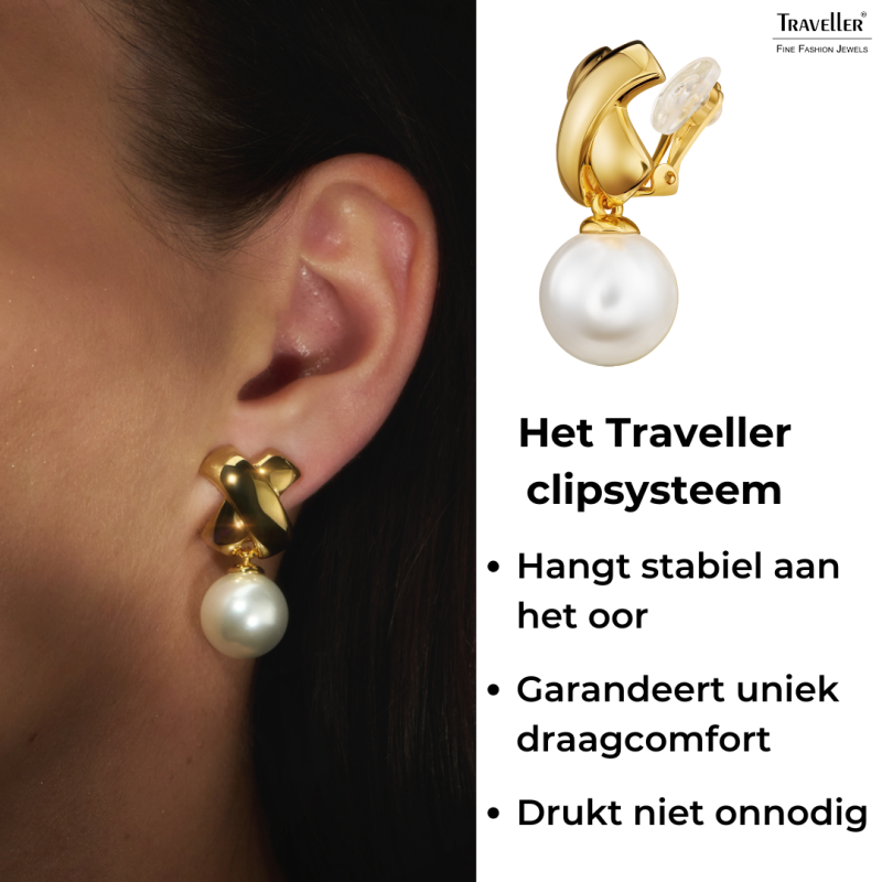 Traveller Clip Oorbellen - Hangers - Parels - 14mm - Wit - Kruis - 22ct Verguld - 32x16mm - 110506