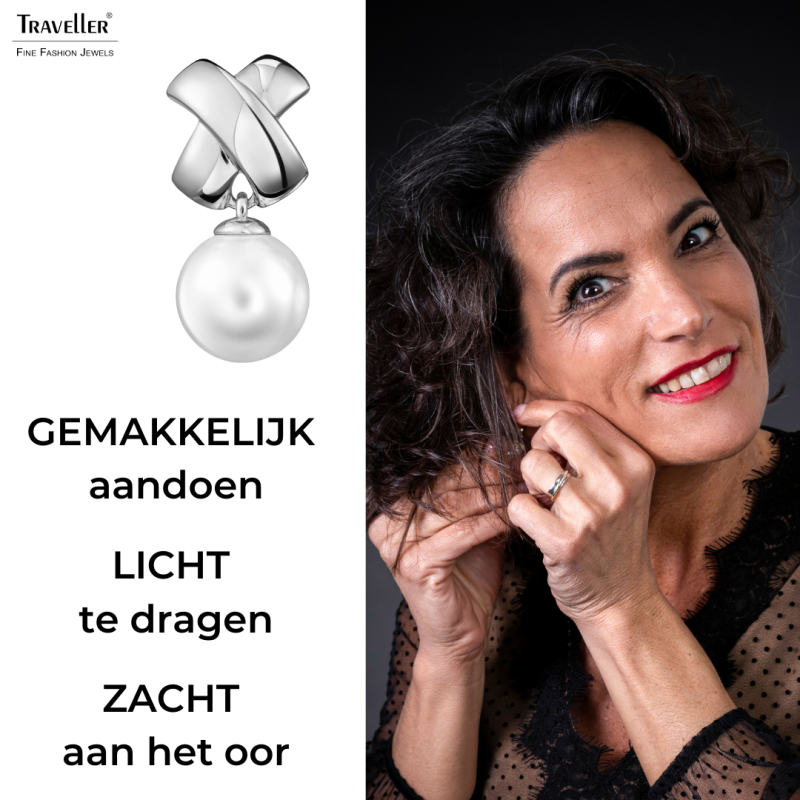 Traveller Clip Oorbellen - Hangers - Parels - 14mm - Wit - Kruis - Zilverkleurig - Geplatineerd - 32x16 mm - 110507