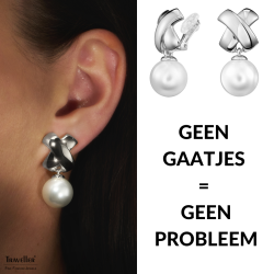 Traveller Clip Oorbellen - Hangers - Parels - 14mm - Wit - Kruis - Zilverkleurig - Geplatineerd - 32x16 mm
