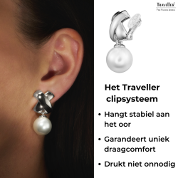Traveller Clip Oorbellen - Hangers - Parels - 14mm - Wit - Kruis - Zilverkleurig - Geplatineerd - 32x16 mm - 110507