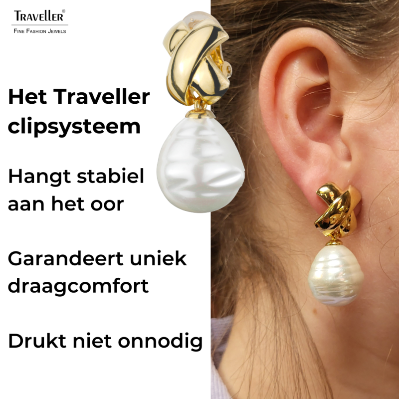 Traveller Statement Oorbellen - Clips - Hangers - Verguld - Barok Parel - 17x20mm - Wit - 40x15mm