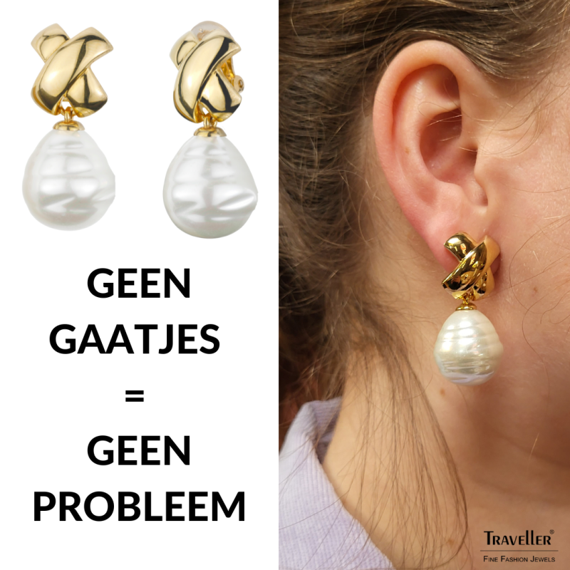 Traveller Statement Oorbellen - Clips - Hangers - Verguld - Barok Parel - 17x20mm - Wit - 40x15mm