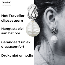 Traveller Clip Oorbellen - Hangers - Zilverkleurig - Barok Parel - 17x20mm - Wit - Geplatineerd - 40x15mm - 110649