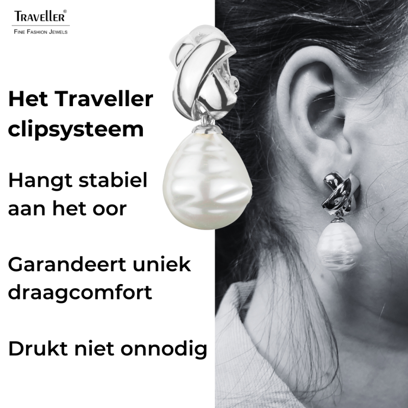 Traveller Clip Oorbellen - Hangers - Zilverkleurig - Barok Parel - 17x20mm - Wit - Geplatineerd - 40x15mm - 110649