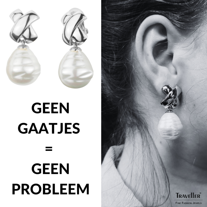 Traveller Clip Oorbellen - Hangers - Zilverkleurig - Barok Parel - 17x20mm - Wit - Geplatineerd - 40x15mm