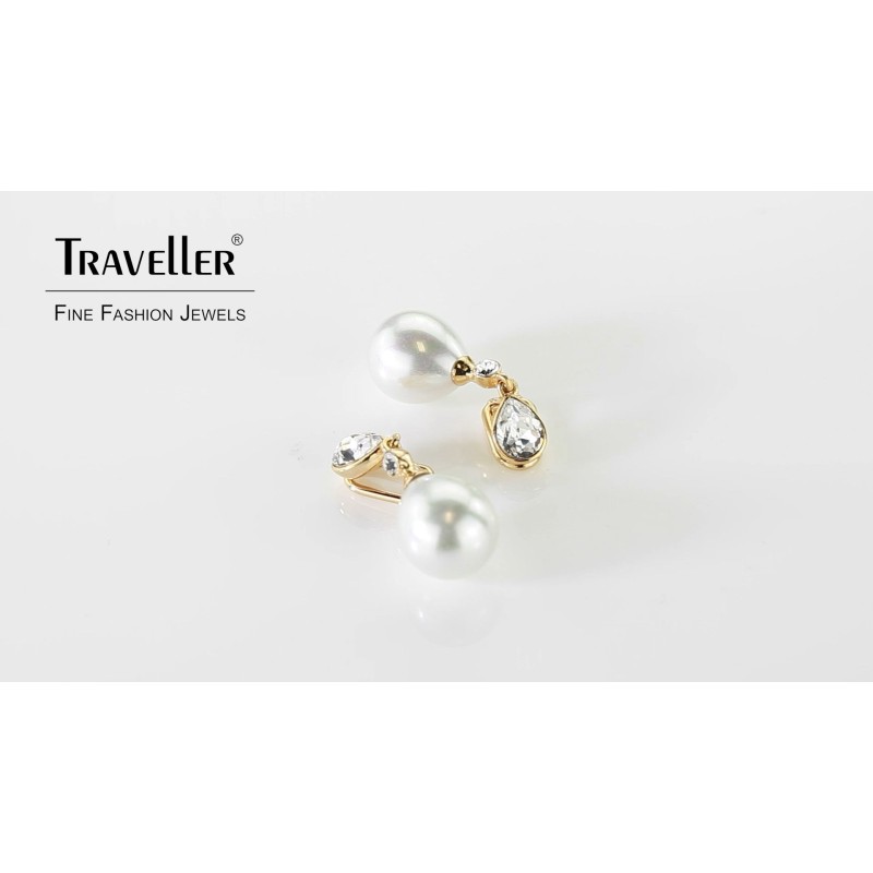 Traveller Ohrclip - Hänger - Tropfen Perle - 15x12 mm - Weiß - Preciosa Kristalle - 22kt vergoldet - 32x12 mm