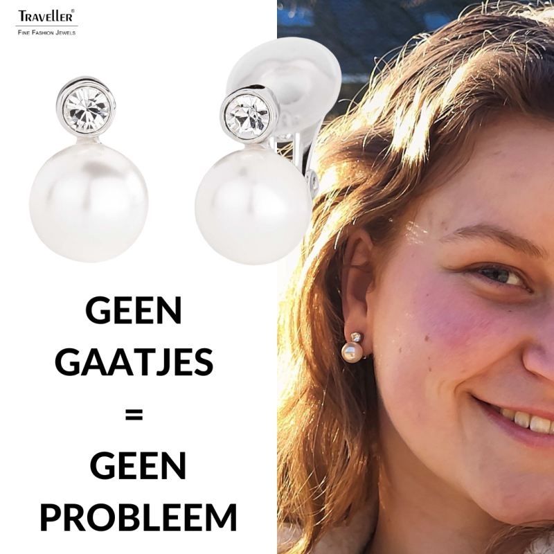 Traveller Clip Oorbellen - Parels - 10 mm - Wit - Preciosa Kristallen - Zilverkleurig - 15x10 mm