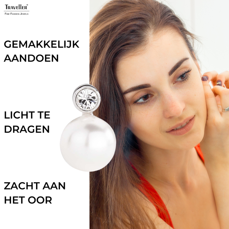 Traveller Clip Oorbellen - Parels - 10 mm - Wit - Preciosa Kristallen - Zilverkleurig - 15x10 mm
