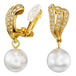 Traveller Clip-on Earrings - Gold Plated - Pearls - 10mm - White - Crystals - 27x10mm - 114256