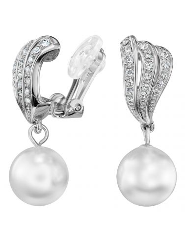 Traveller Clip-on Earrings - Silver Coloured - Pearls - 10mm - White - Crystals - Platinum plated - 27x10mm - 114257 