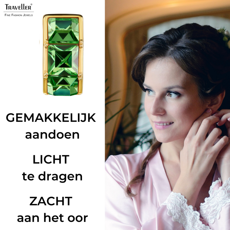 Traveller Clip Oorbellen - 22kt Verguld - Kristal - Groen Peridot - 16 x 8 mm