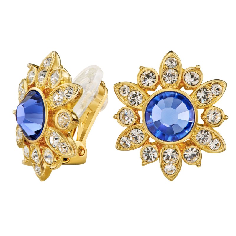 Traveller Ohrclip - 22kt Vergoldet - Kristalle - Blau Violett - Blumenform - 15x16 mm - 157644