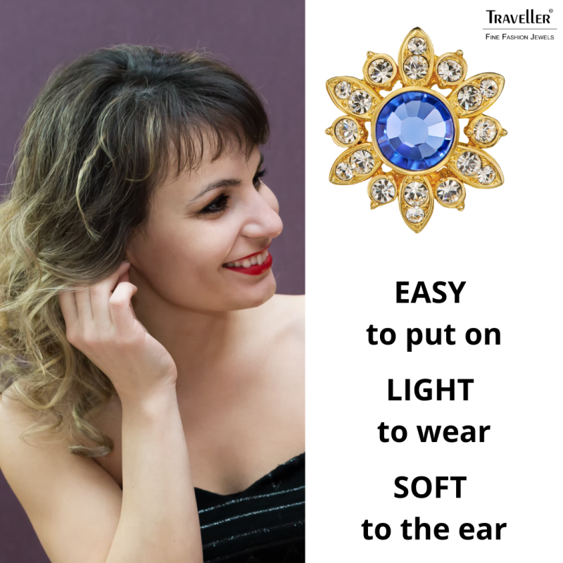 Traveller Clip-on Earrings - 22ct Gold plated - Crystals - Blue Violet - Flower-shaped - 15x16 mm - 157644