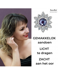Traveller Clip Oorbellen - Zilverkleurig - Kristal - Mesmera - Paars Groen - Bloemvormig - Geplatineerd - 16x15 mm