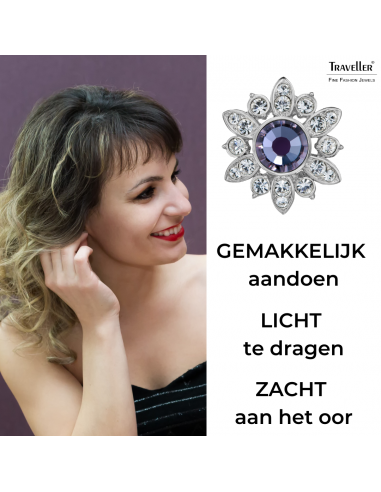 Traveller Clip Oorbellen - Zilverkleurig - Kristal - Mesmera - Paars Groen - Bloemvormig - Geplatineerd - 16x15 mm - 157645