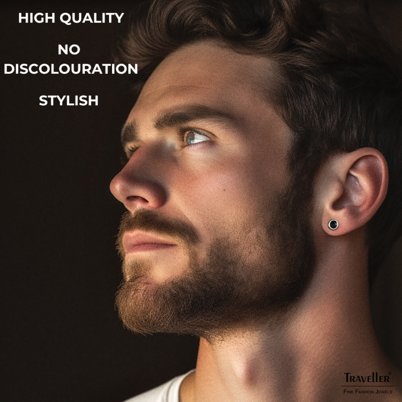 Traveller Pierced earrings - Men's - Made in Germany - Stainless steel - Black & Silver - Round - Sustainable - ø 6 mm - 171002