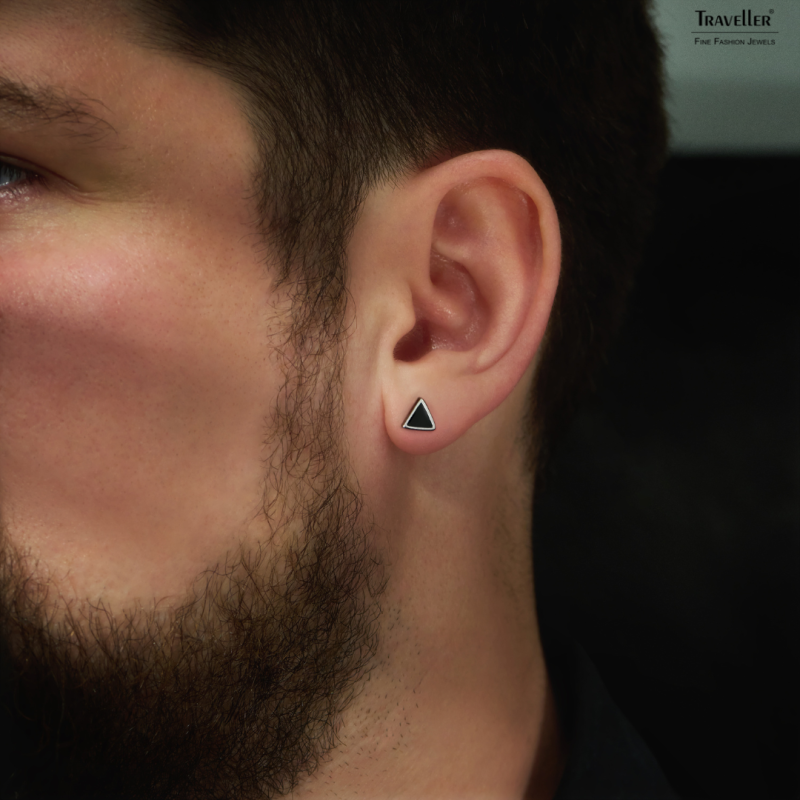 Traveller Pierced earrings - Men's - Made in Germany - Stainless steel - Black & Silver - Triangle - Sustainable - 7 mm