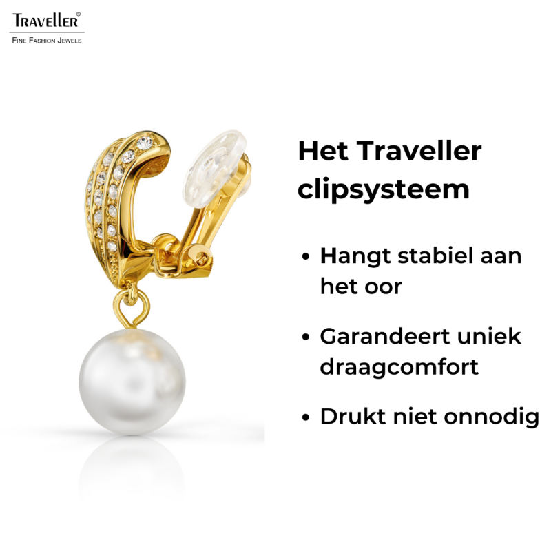 Traveller Clip Oorbellen - Hangers - Verguld - Parels - 10mm - Wit - Kristallen - 27x10 mm