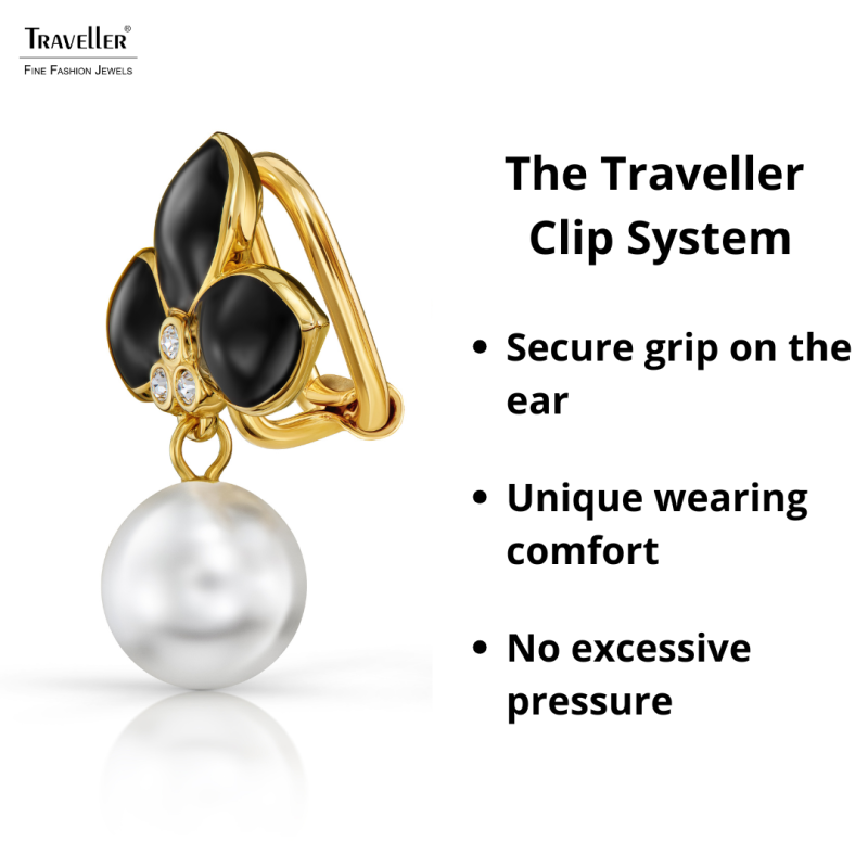 Traveller Clip Oorbellen - Hangers - Verguld - Parels - 10mm - Wit - Kristallen - Zwart Email - 26x18 mm