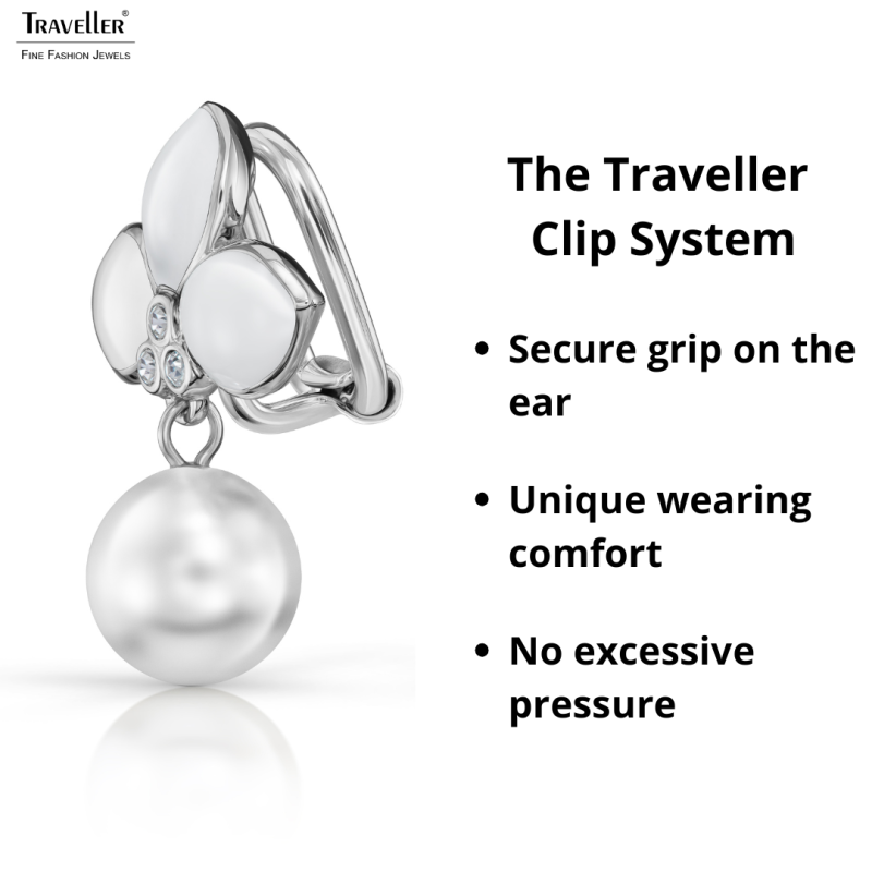 Traveller Clip Oorbellen - Hangers - Geplatineerd - Parels - 10mm - Wit - Kristallen - Wit Email - 26x18 mm - 114261