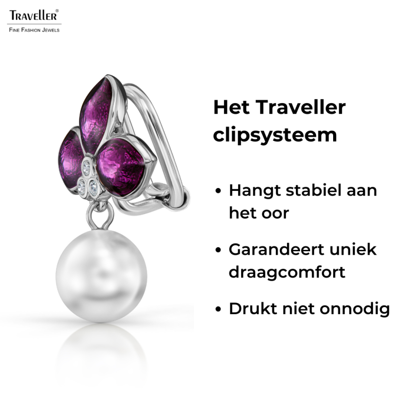 Traveller Clip Oorbellen - Hangers - Geplatineerd - Parels - 10mm - Wit - Kristallen - Paars Email - 26x18 mm - 114263