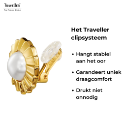 Traveller Clip Oorbellen - Verguld - Parels - 10 mm - Wit - Bloem - 19 mm - 114269