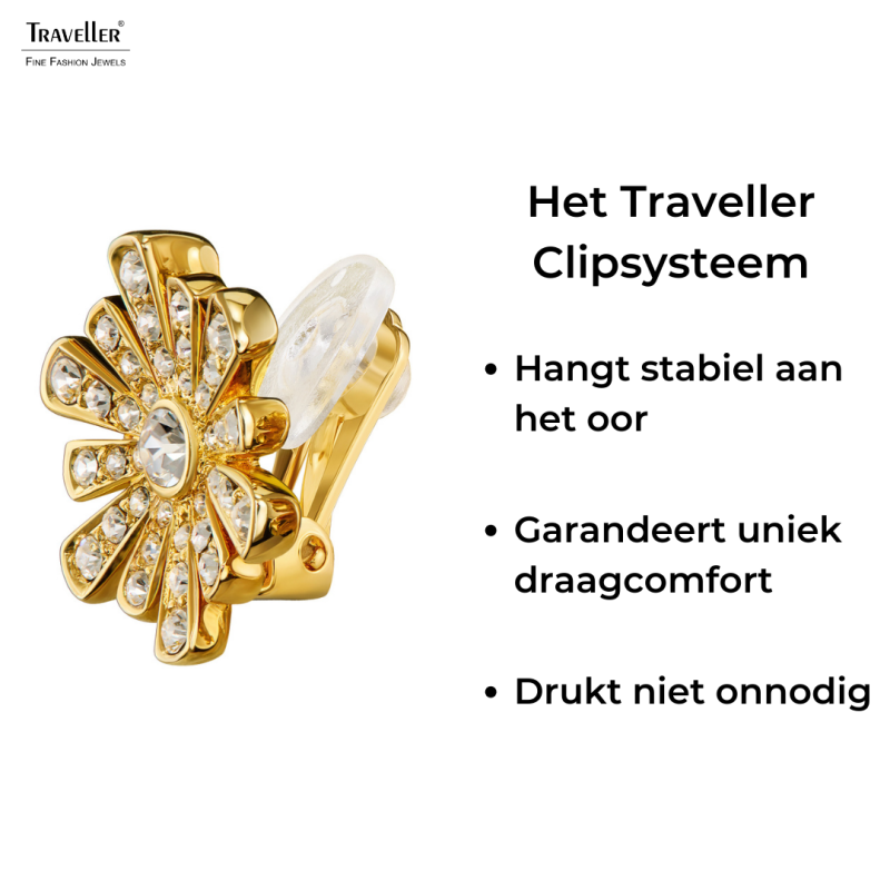 Traveller Clip Oorbellen - Verguld - Kristal - Bloemvormig
