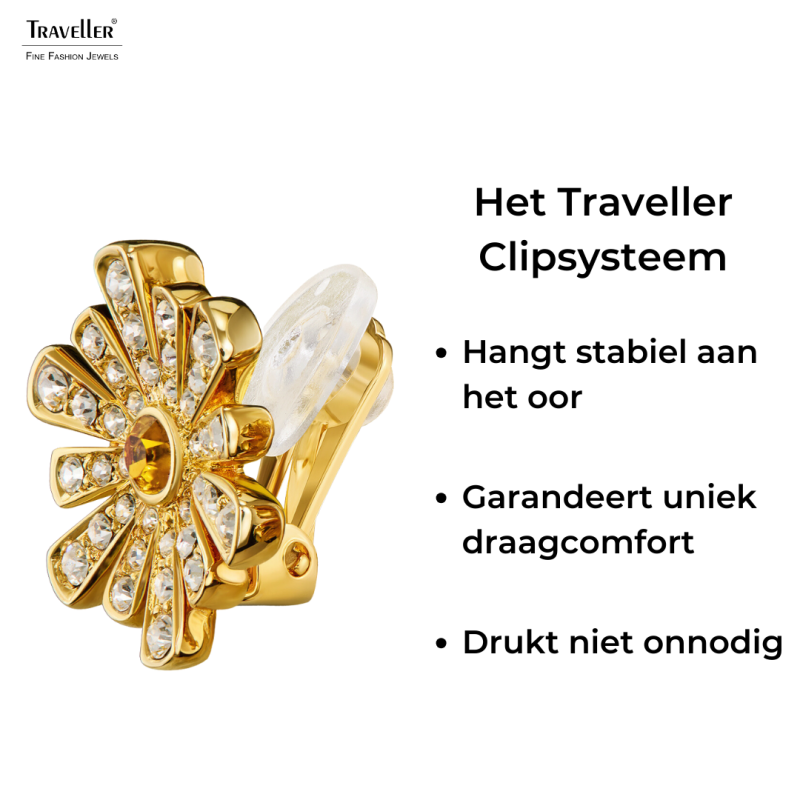Traveller Clip Oorbellen - 22kt Verguld - Kristal - Bruin Bloemhart - Bloemvormig - Ø 15mm - 157603