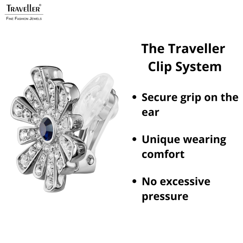 Traveller Clip Oorbellen - Zilverkleurig - Kristal - Blauw Bloemhart - Bloemvormig - Geplatineerd - Ø 15mm