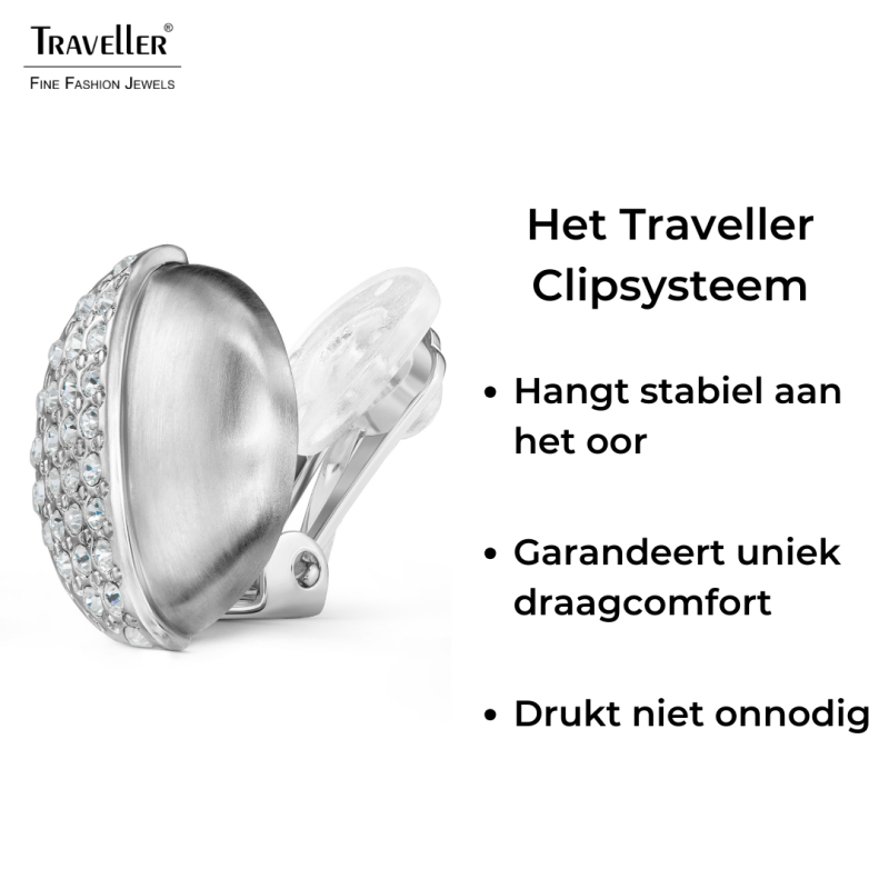 Traveller Clip Oorbellen - Zilverkleurig - Mat en Glanzend - Kristal - Geplatineerd - 20x19 mm