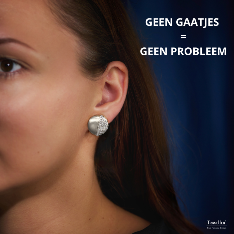 Traveller Clip Oorbellen - Zilverkleurig - Mat en Glanzend - Kristal - Geplatineerd - 20x19 mm - 157616