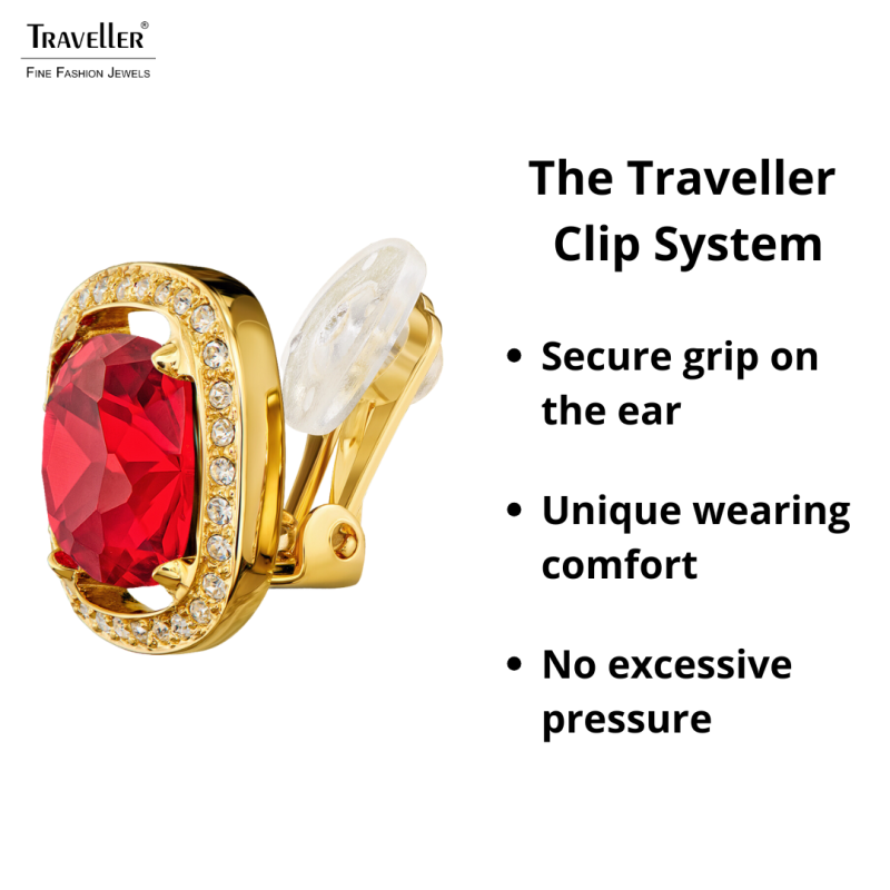 Traveller Clip Oorbellen - 22kt Verguld - Kristal - Rood - Vierkant - Ø 15mm - 157620