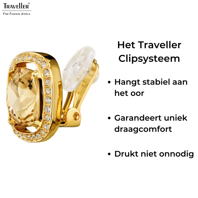 Traveller Clip Oorbellen - 22kt Verguld - Kristal - Bruin Topaz - Vierkant - Ø 15mm - 157622