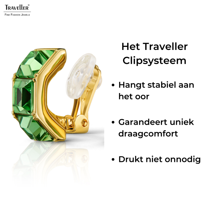 Traveller Clip Oorbellen - 22kt Verguld - Kristal - Groen Peridot - 16 x 8 mm