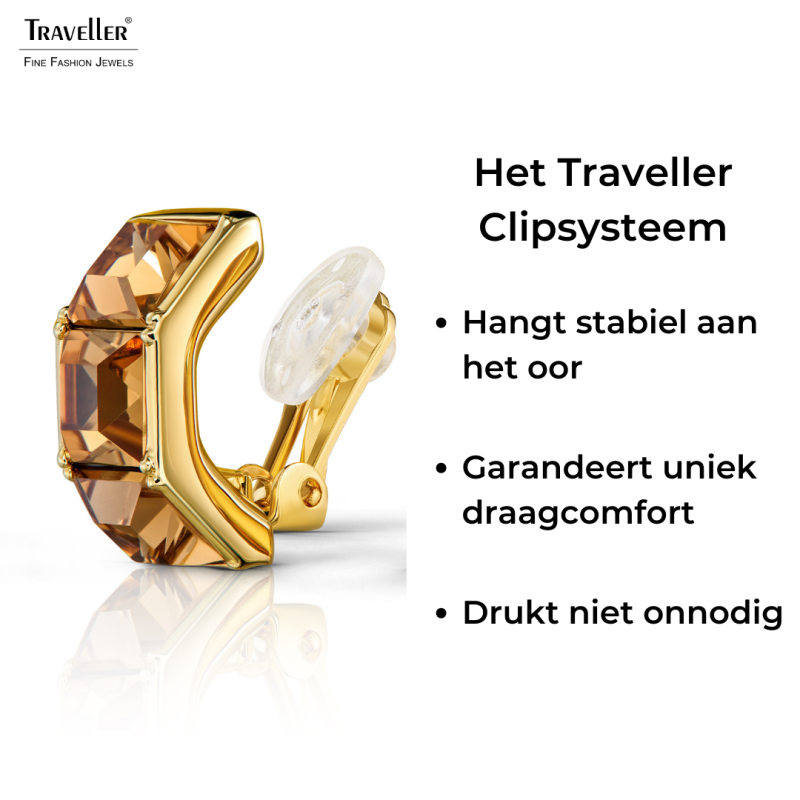 Traveller Clip Oorbellen - 22kt Verguld - Kristal - Bruin Topaz - 16 x 8 mm - 157628