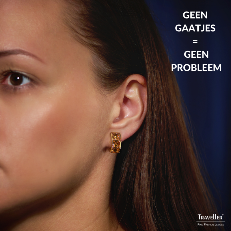 Traveller Clip Oorbellen - 22kt Verguld - Kristal - Bruin Topaz - 16 x 8 mm - 157628