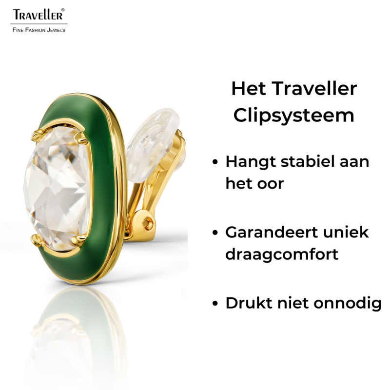 Traveller Clip Oorbellen - Verguld - Kristal - Groen Email - Vierkant - 18 x 18 mm - 157633