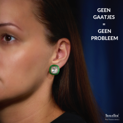 Traveller Clip Oorbellen - Verguld - Kristal - Groen Email - Vierkant - 18 x 18 mm