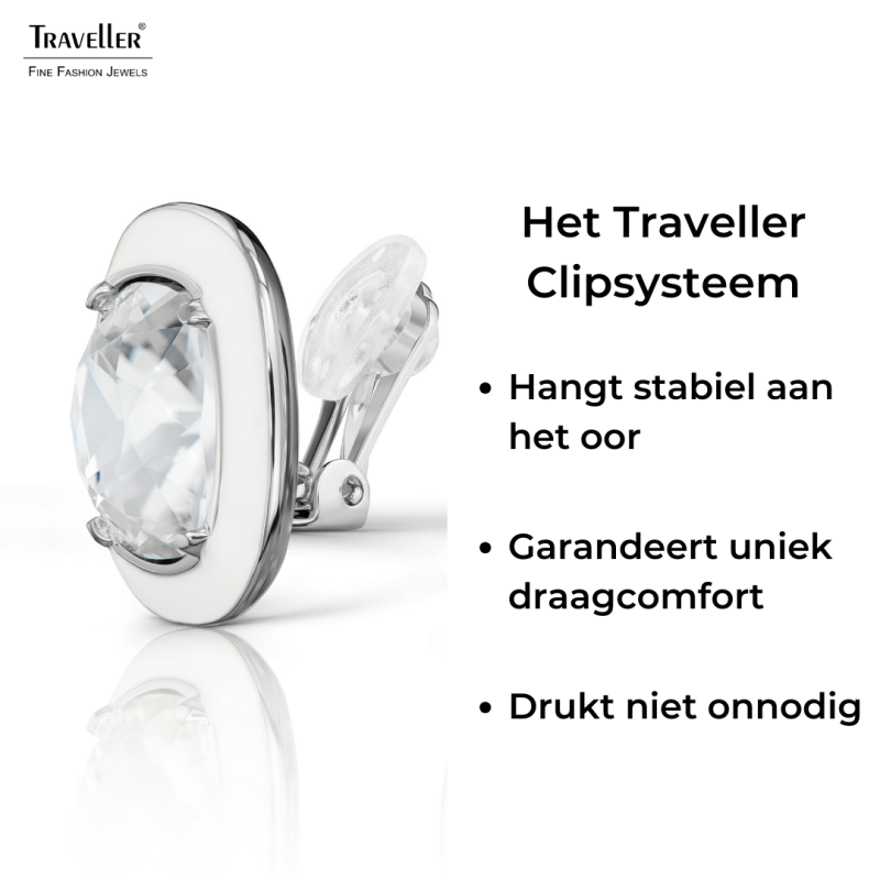 Traveller Clip Oorbellen - Zilverkleurig - Kristal - Wit Email - Vierkant - Geplatineerd - 18x18 mm - 157634