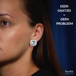 Traveller Clip Oorbellen - Zilverkleurig - Kristal - Wit Email - Vierkant - Geplatineerd - 18x18 mm